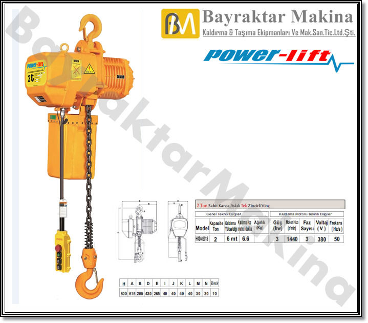 Halatlı Vinç 2 Ton Sabit Askılı Tek Zincirli Vinç
