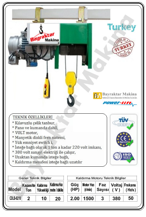 Halatlı Vinç SABİT ASKILI 2000 KG / 10 MT HALATLI VİNÇ