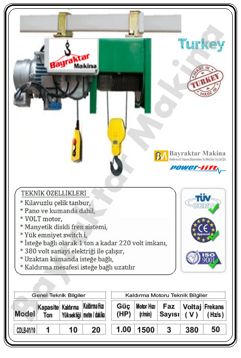 Halatlı Vinç SABİT ASKILI 1000 KG / 10 MT HALATLI VİNÇ