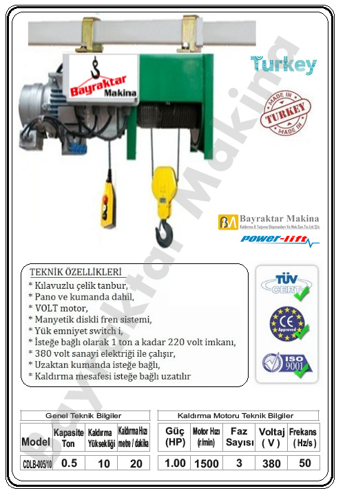 Halatlı Vinç SABİT ASKILI 500 KG / 10 MT HALATLI VİNÇ